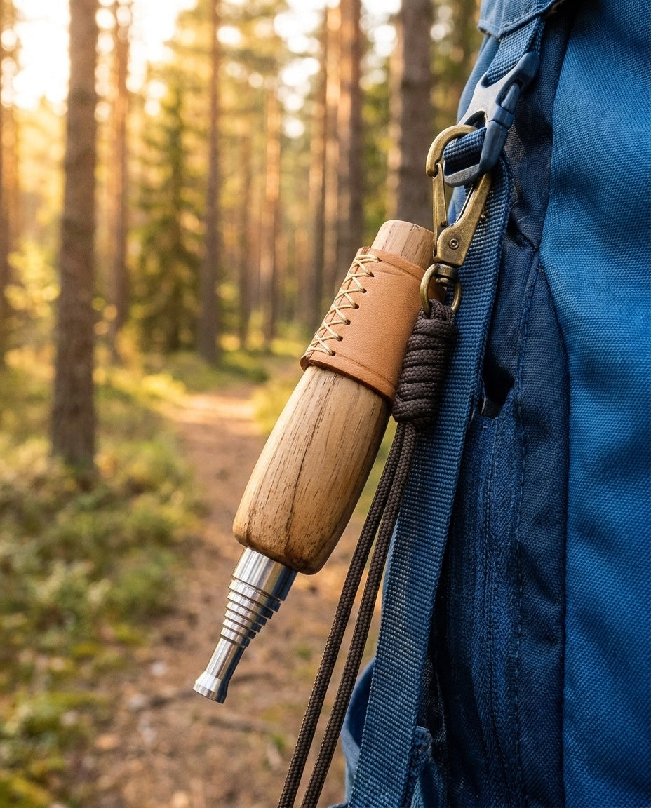 Bouffadou télescopique Volvestre glissé dans un sac à dos pour le camping et la randonnée